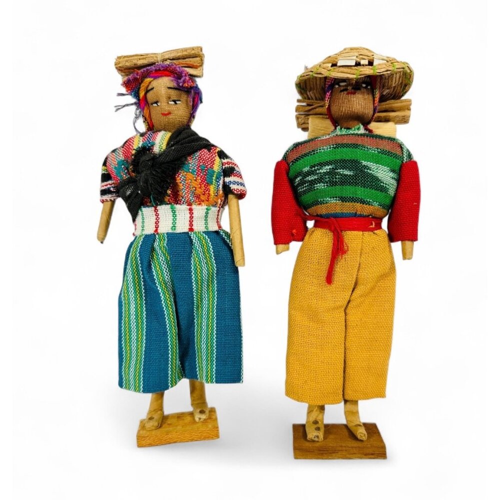 Vintage Handmade Guatemalan Cloth & Straw Dolls On Wooden Bases